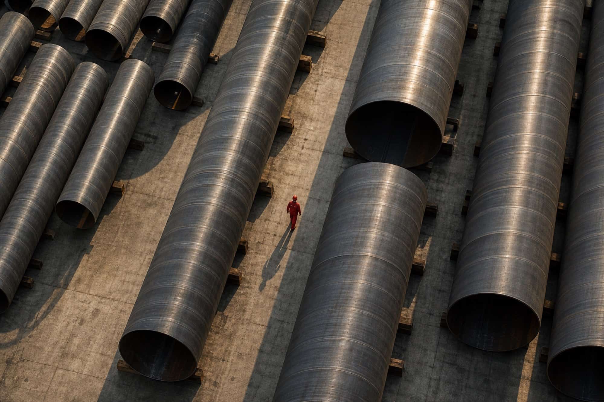 Aerial view of a pipe stockyard; a worker in red coveralls walking between giant spiral welded steel pipes