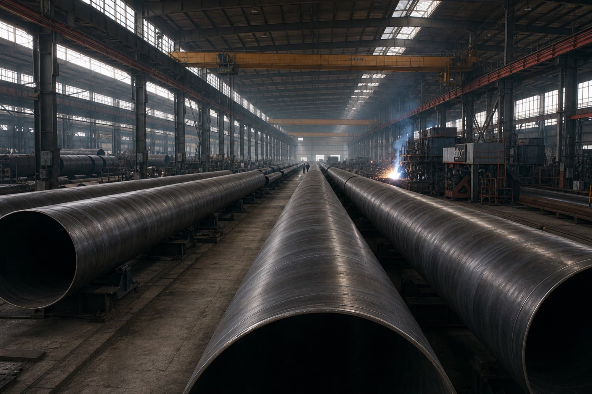 Large-diameter spiral welded steel pipes lined up along the production hall
