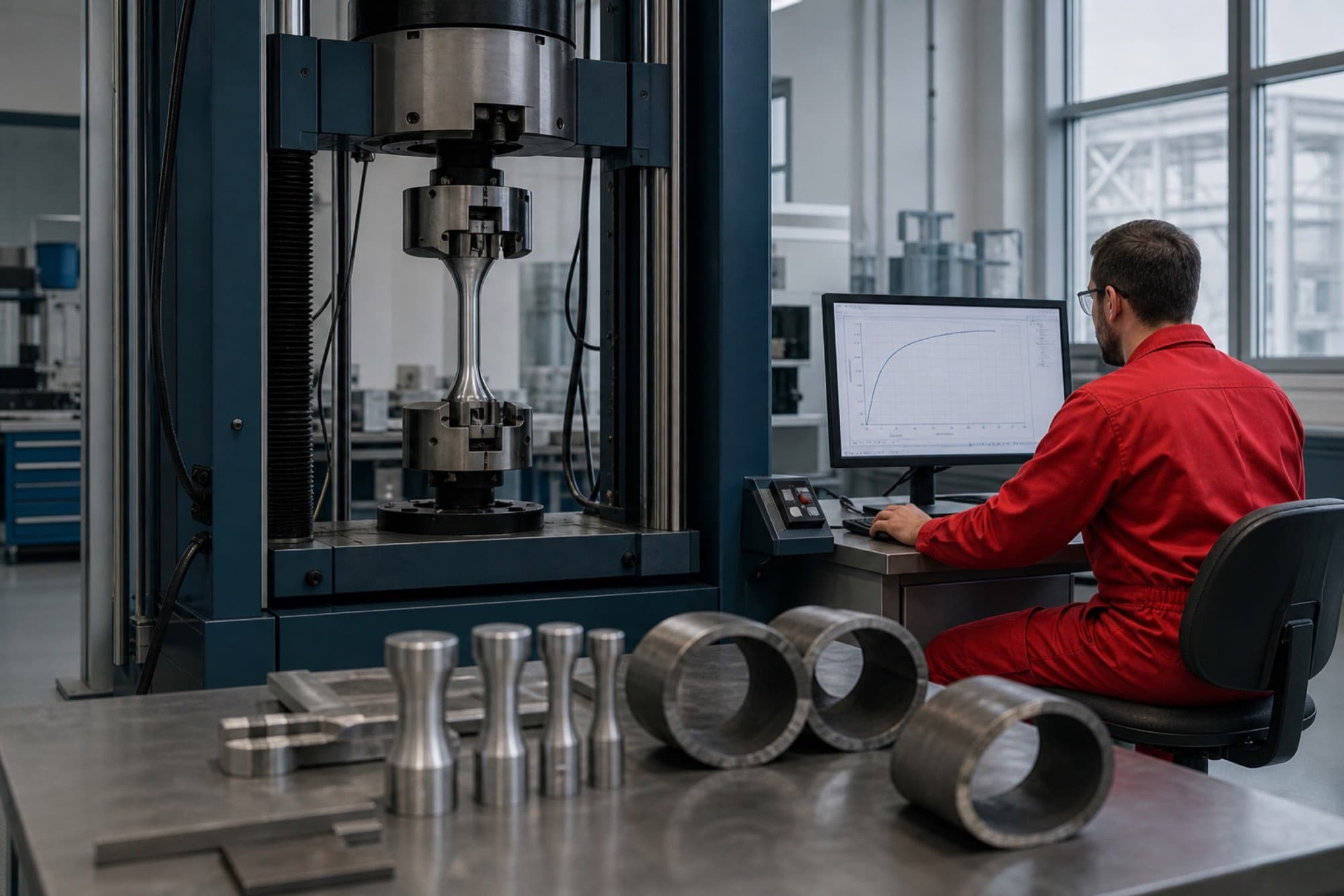 Steel specimen testing on a universal tensile testing machine in the laboratory